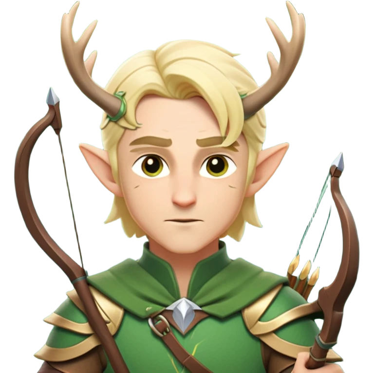 clash-of-clans-aesthetic-blond-male elf-archer-portrait-emoji, rendered in a flat, vector-style with minimal shading and bold holding his bow, simplified shapes, head tilted slightly forward with a determined, focused expression, riding a majestic stag whose antlers glow with mystical energy, set against an ancient, enchanted forest backdrop. emoji