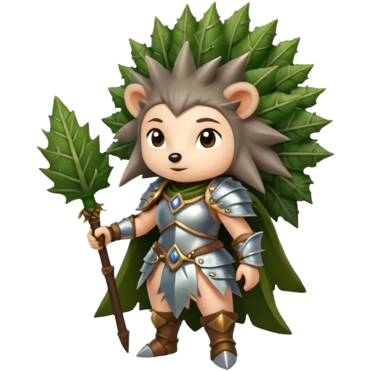 moss witch woman dressed as hedgehog guardian, thorny leaf armor emoji