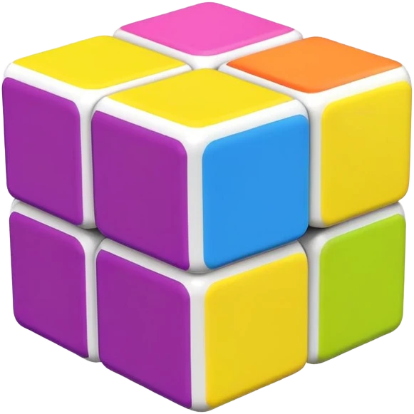 A 3x3 Rubik's Cube with candy-colored bright scheme: bubblegum pink, lemon yellow, bright blue raspberry, lime green, grape purple, tangerine orange, minimalist iOS emoji style emoji