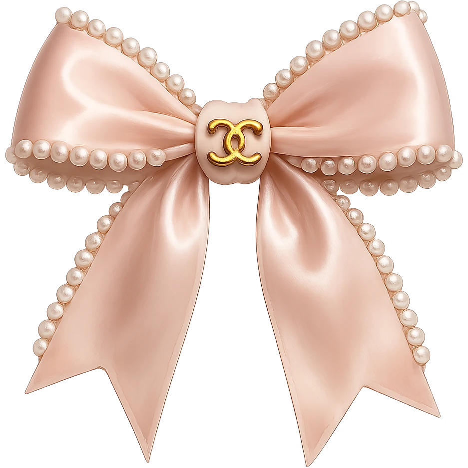 Remove the background, keep only the elegant bow with pearls and gold Chanel logo, glossy, pastel colors, realistic style, with no background. blackpink emoji
