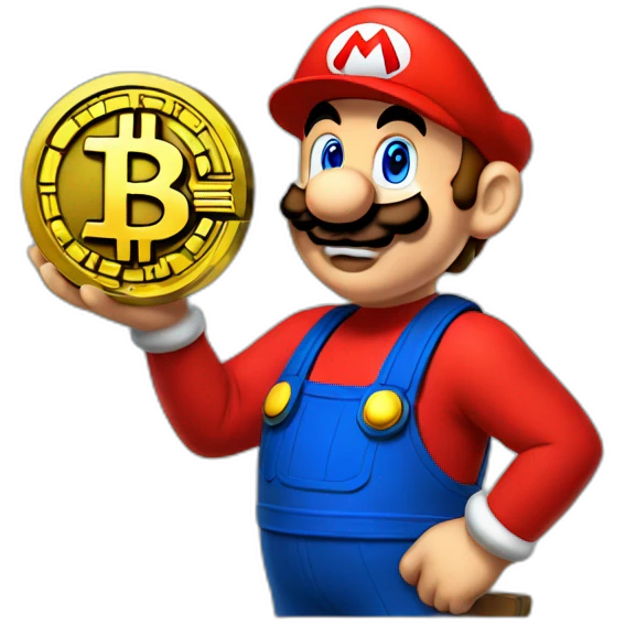 Super Mario holding bitcoin emoji