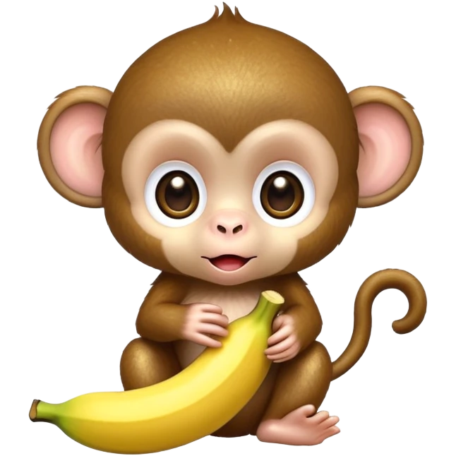 extremely adorable kawaii baby monkey with huge sparkly eyes peeling a banana emoji