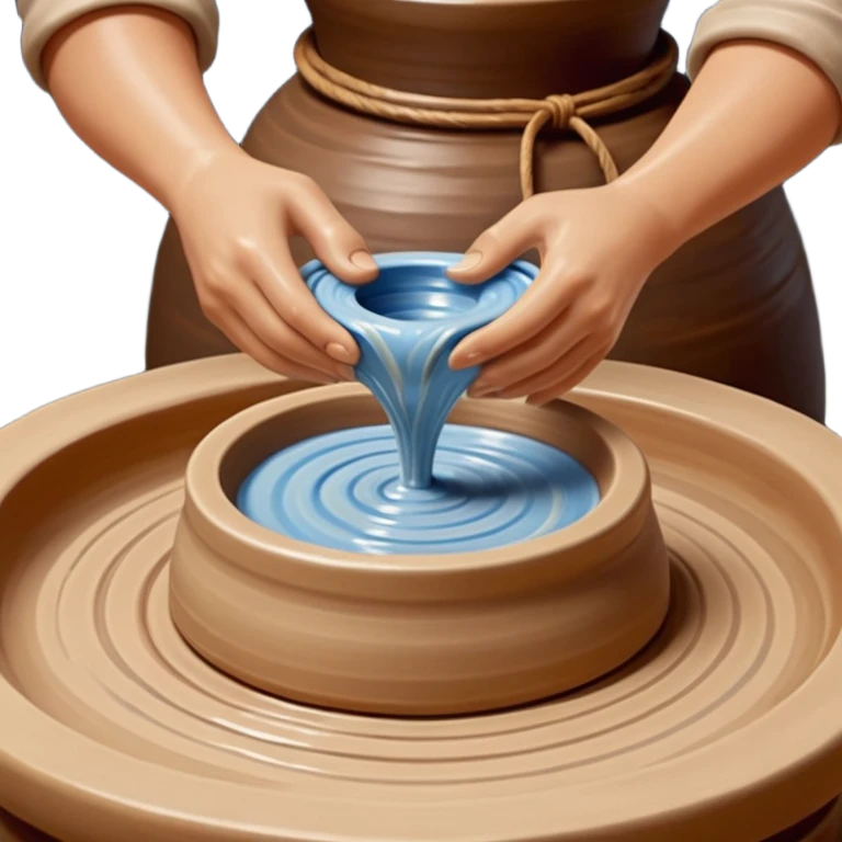 Cinematic Realistic image of a ceramic pottery wheel in action, with skilled hands shaping wet clay into a graceful form, featuring intricate details of swirling textures and gentle water splashes, illuminated by soft, artisanal lighting emoji
