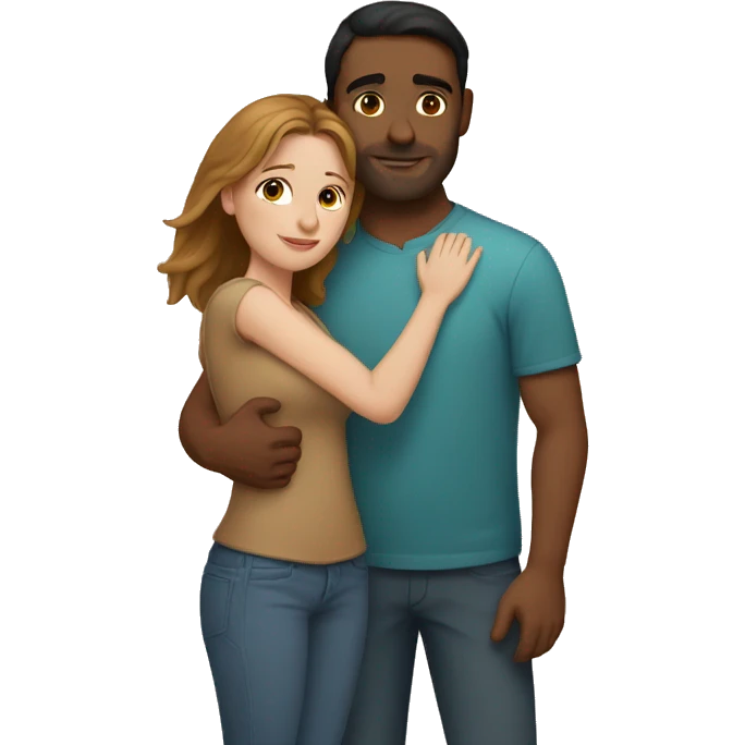 Couple hug, white woman with brown hair and Indian man with light brown skin emoji