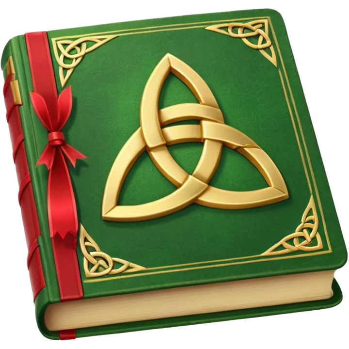 a green closed book with a golden triquetra on it with a red ribbon between the paged emoji