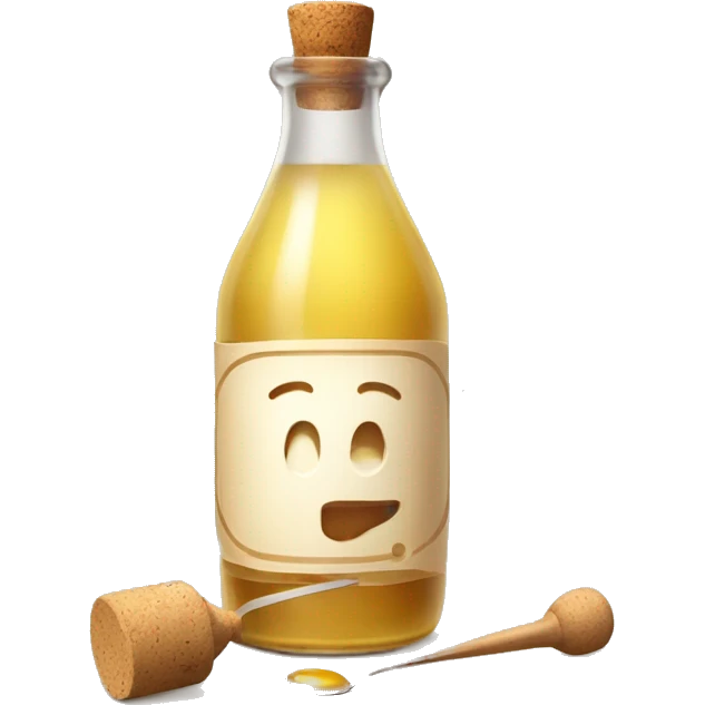 bottle of vinegar with the cork and a nozzle; spoon is laying neat the bottle emoji