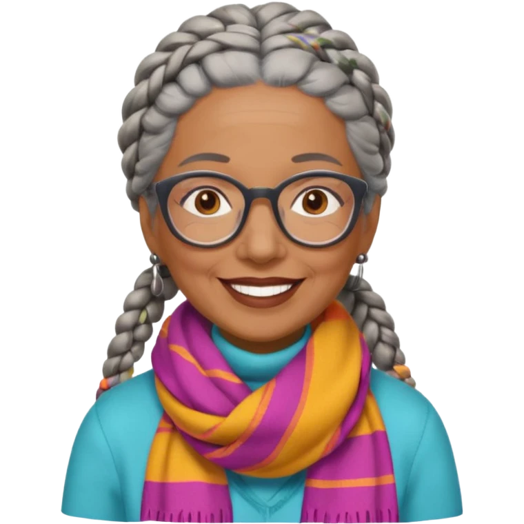 Older woman of color with gray braids, glasses and smiling emoji