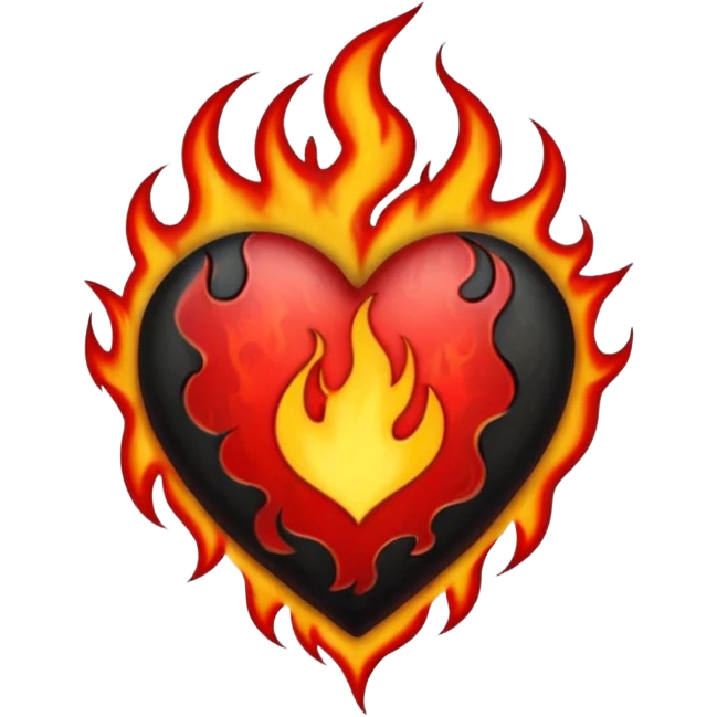 Black and red heart with flames tattoo style emoji