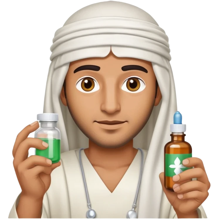Arab man wearing traditional headdress holding medicine bottle or pill emoji