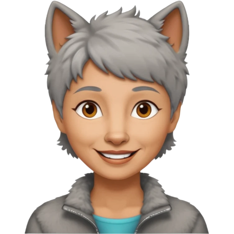 woman 50 years old, short grey fluffy wolf-cut hair, tannes skin and brown eyes emoji