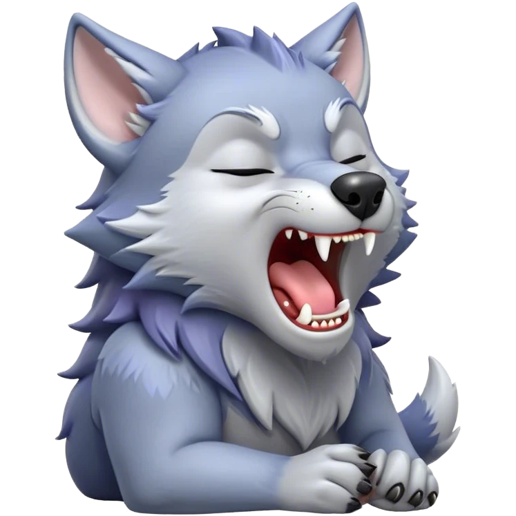 Cinematic Cute Yawning Werewolf Portrait Emoji, with a cuddly, miniature lupine form in soft moonlit grays and silvers, head leaning back in a big, adorable yawn that reveals a few fuzzy teeth, simplified yet irresistibly charming, highly detailed with a soft glowing outline that captures the drowsy, playful essence of a werewolf mid-nap! emoji
