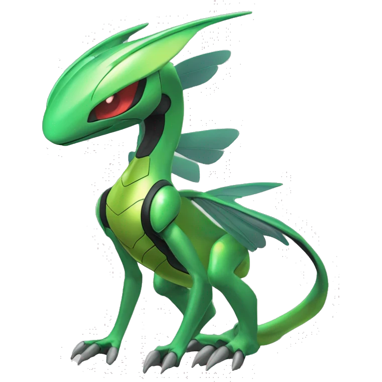 a shiny Genesect-Flygon-Raptor-Fakémon—hybrid with a futuristic visor-helmet full body emoji
