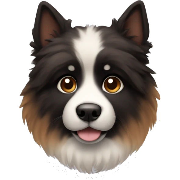 An emoji of a fluffy dog with a mix of black and brown fur, showcasing its thick coat and friendly expression emoji