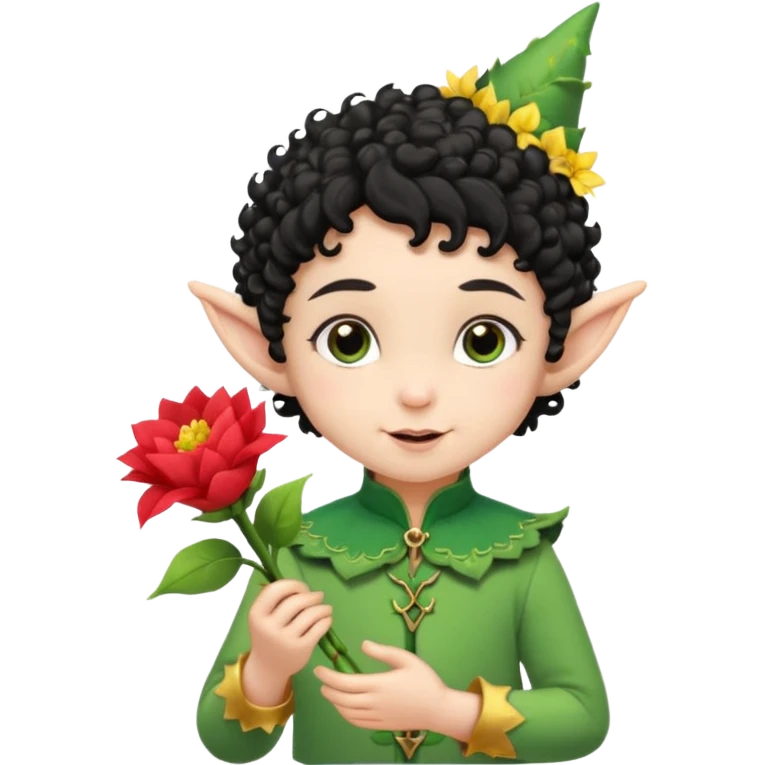 Tiny elf baby black curly hair with pointy ears, hold flowers emoji