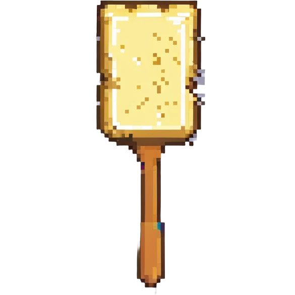 whimsical pixel art of a butter slice at an auction, raising a paddle to bid emoji