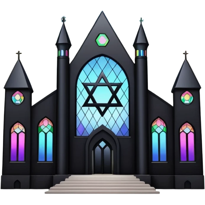 jewish synagogue temple in dark goth aesthetic style with black building and very light rainbow tint glass windows and star of david and celestial symbolism emoji