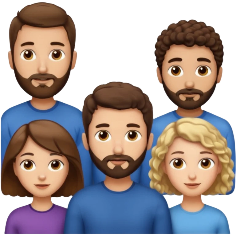 Gars cheveux bruns courts et barbe très courte, un gars avec cheveux bruns courts et barbe très courte, 1 fille cheveux bruns longs frisés, 1 fille cheveux longs blonds plats emoji