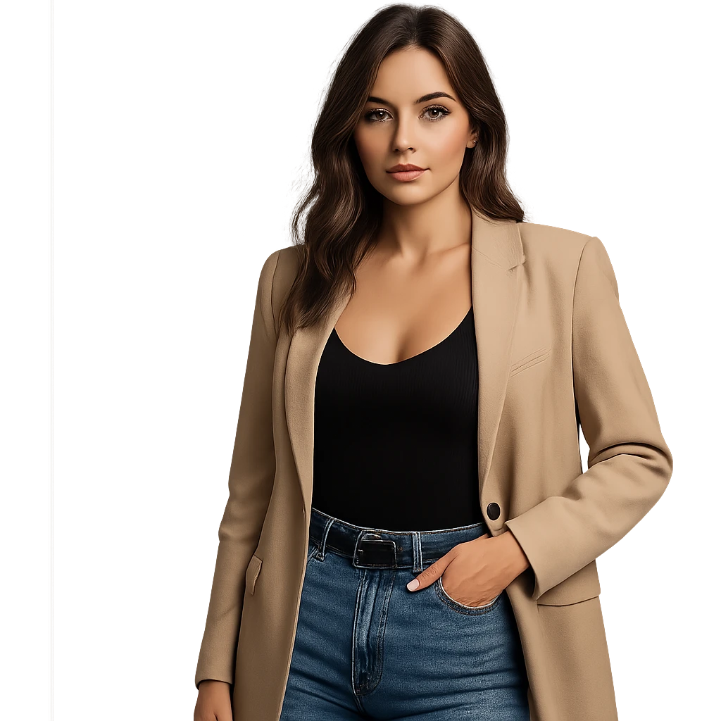 realistic attractive modern 18+ woman, wearing stylish clothes, neutral background emoji