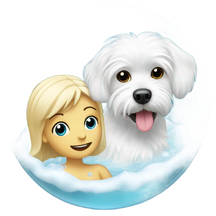 white maltese dog in bubble bath with blonde lady emoji