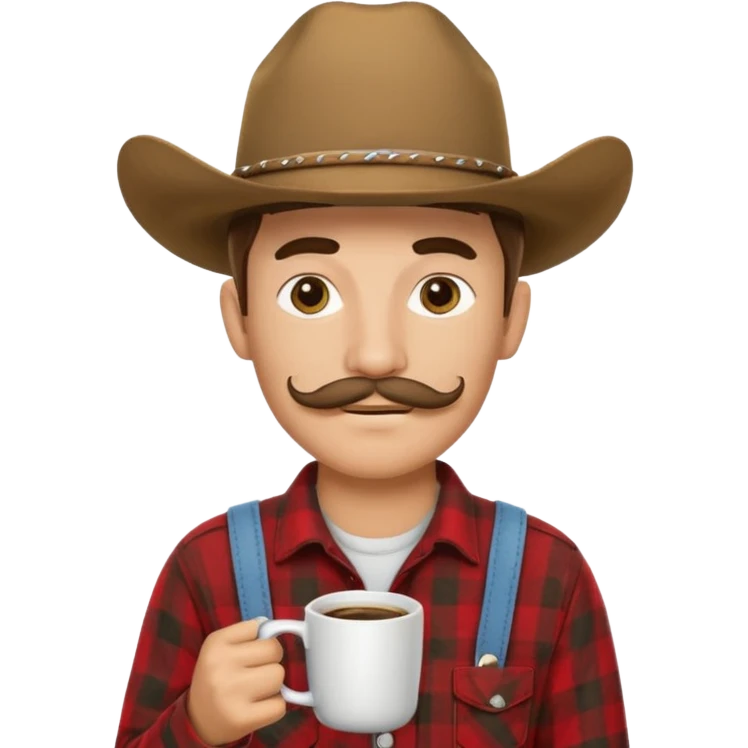 generate an ios genmoji of a 20 year old tan boy with a cowboy hat and horseshoe mustche. Wearing a flannel and carrying a coffee mug emoji