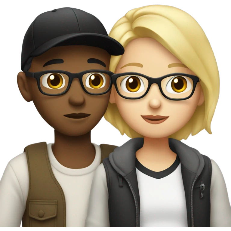 blonde woman with glasses and boy with black cap and no glasses kissing. both are white emoji