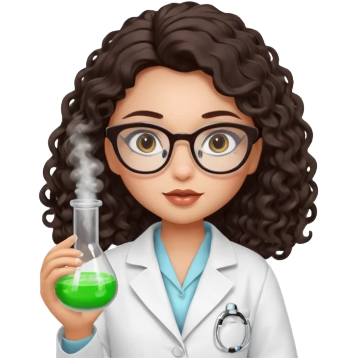 realistic bratz doll with long loose curly dark brown hair, glasses that are round cat eye vibes, in a lab coat mixing beakers that glow emoji