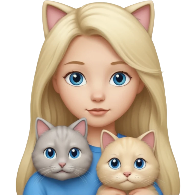 blonde girl with long blonde hair and blue eyes with chubby gray cat emoji