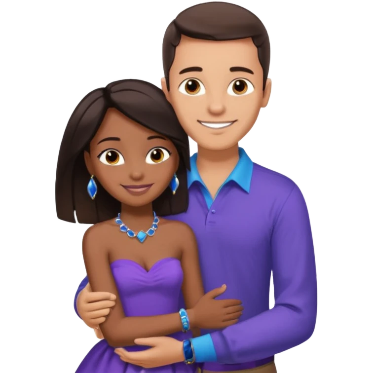 Tan tall brunette European male in blue shirt smiling and hugging a jet black African girl in purple strapless dress and blue jewelry they are on a beach with palm trees emoji