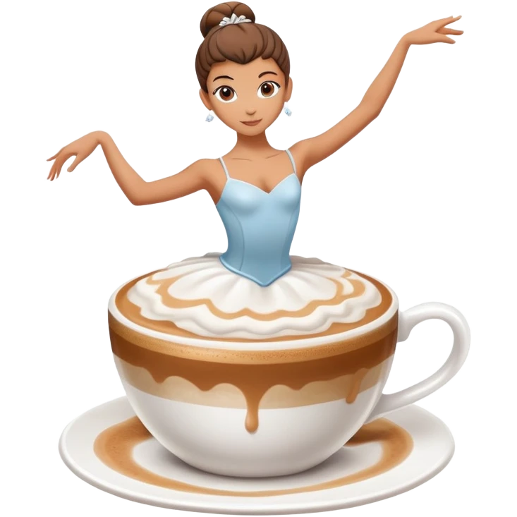 Ballerina dancer emerging from cappuccino foam, graceful pose, coffee cup emoji