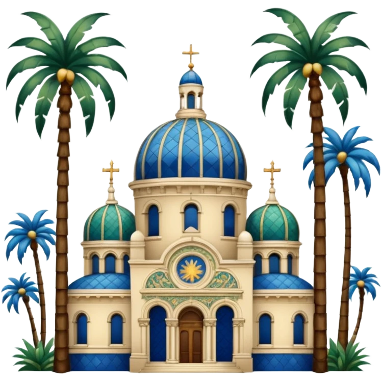 Ornate California dome with blue, gold, green tiles, next to a tall tower, Spanish Colonial Revival, palm trees, simple emoji