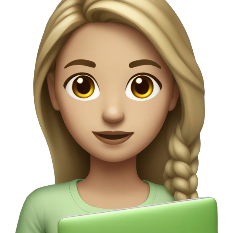 Girl white light brown medium hair with MacBook realistic color light green-blue emoji