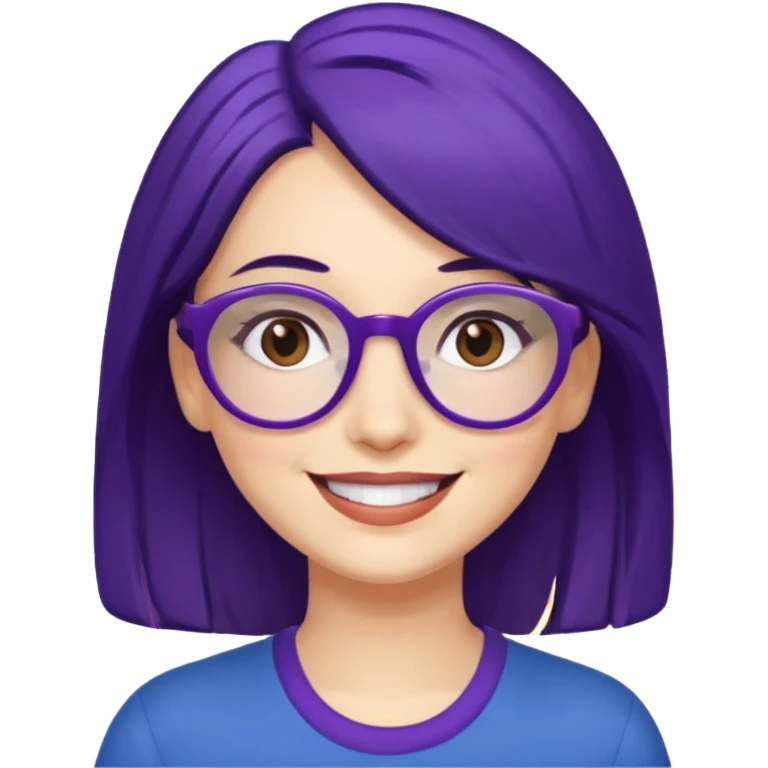 Cartoon adult woman with purple glasses, brown eyes, and dark blue medium length hair emoji