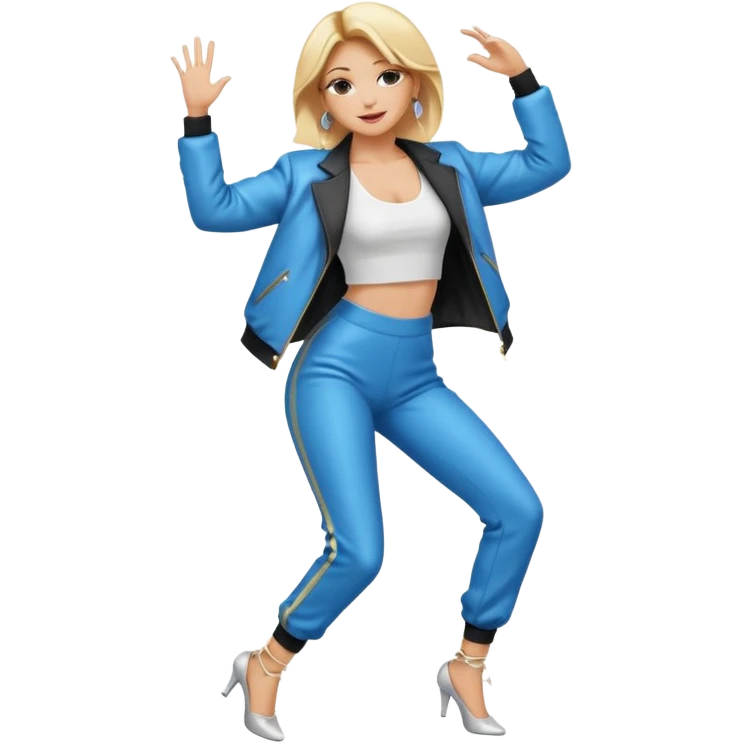 full body emoji of a stylish woman with blonde hair, hoop earrings, fashionable jacket, dynamic pose as a dancer and singer emoji