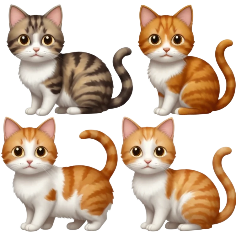 3 small cats different colours including brown tabby and white, light patchy calico, and ginger and white emoji