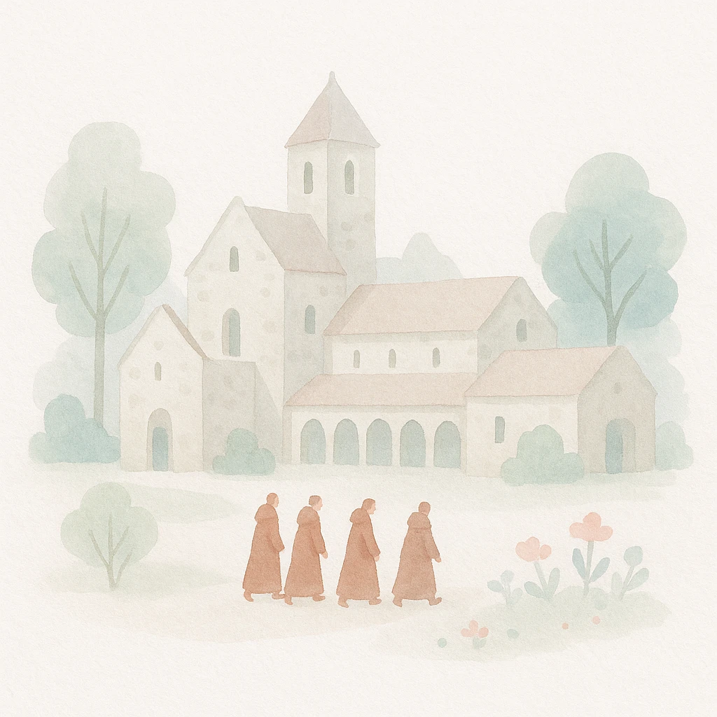 medieval monastery, watercolor style, old stone building, monks walking, trees and flowers, soft light emoji