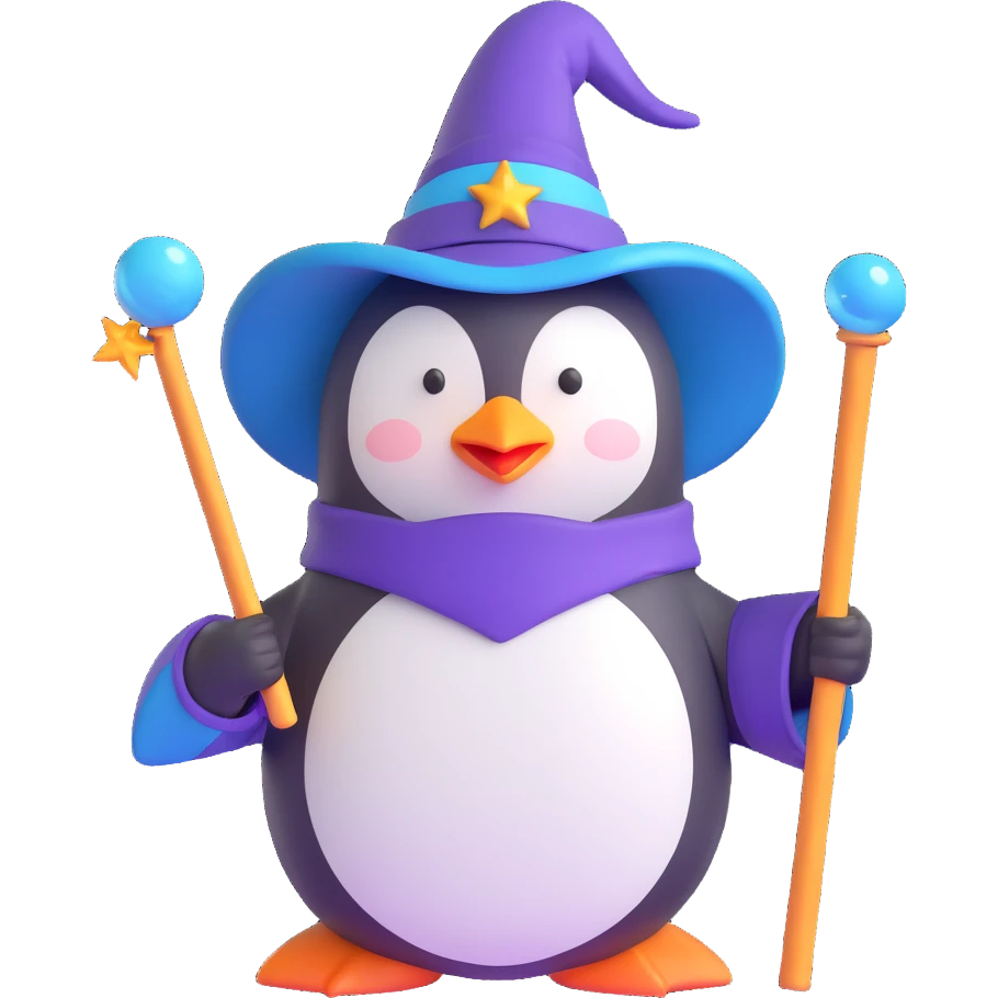 penguin wizard holding a wand emoji