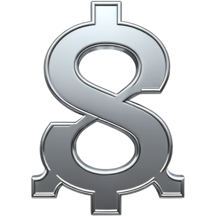 A double dollar sign emoji made of polished silver chrome, smooth metallic surface, glossy reflections, luxury swag vibe, minimal iOS emoji style, centered on white background emoji