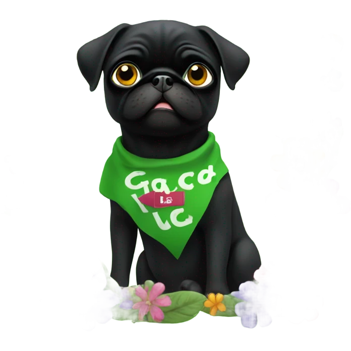 Black pug , surrounded by flowers, holding a green sign that says “good luck”  emoji