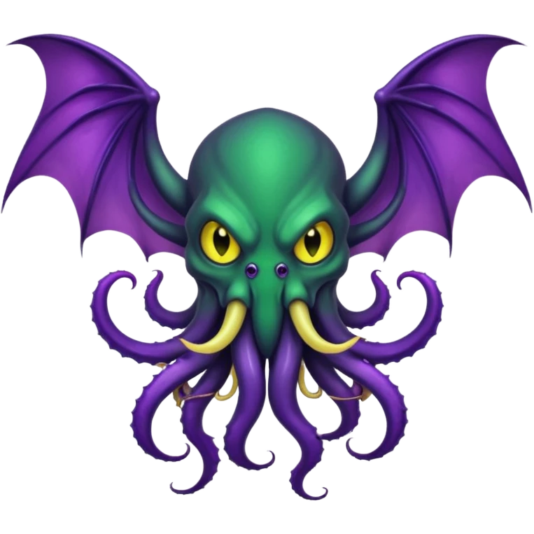 deep green Cthulhu with purple bat wings and purple gradient tentacles. Yellow angry eyes. yellow suckers on tentacles. dramatic ominous shading. two saber-teeth emoji