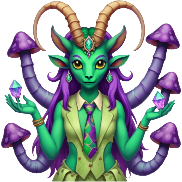 Feminine green and purple Scorpio Baphomet standing among trippy tie-dye mushrooms.. she’s holding a crystal in one hand and  holding a scorpion in the other hand emoji