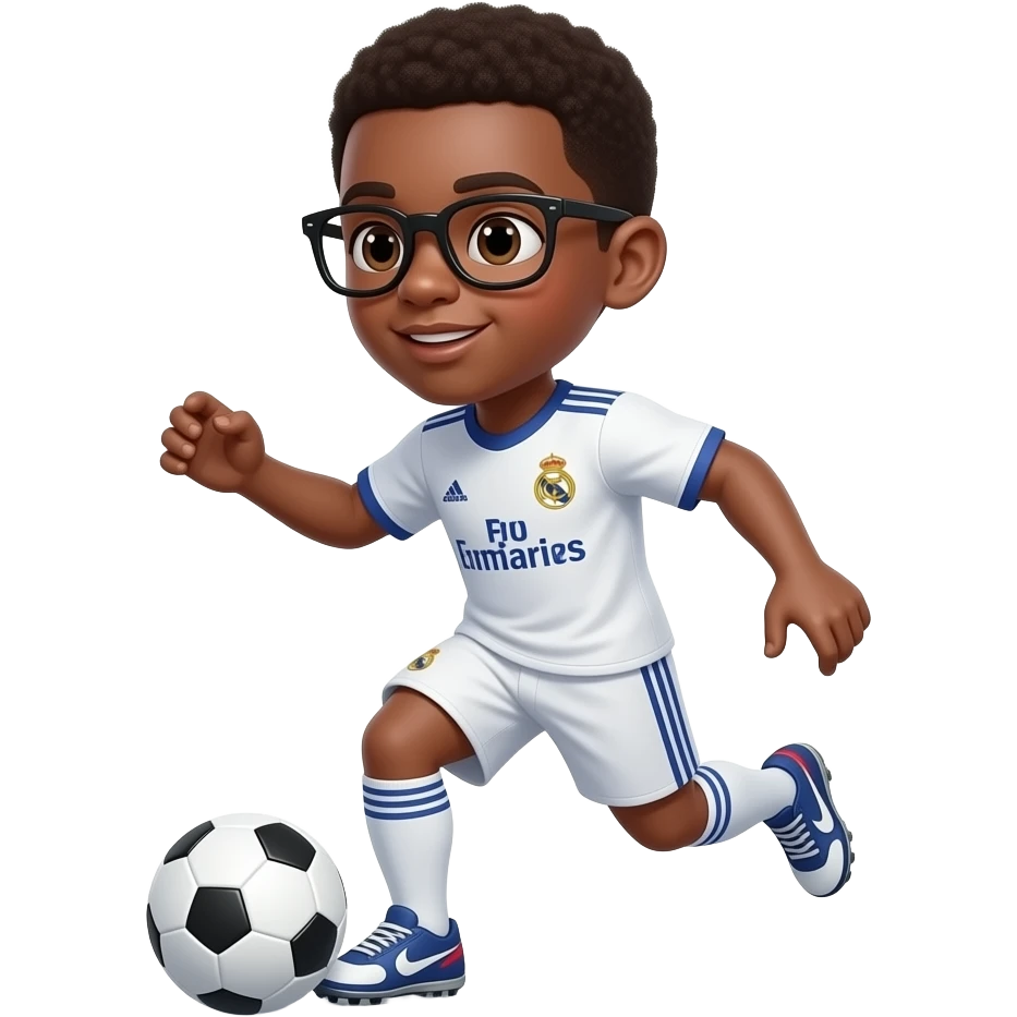 black boy with glasses playing football with a madrid jersey emoji