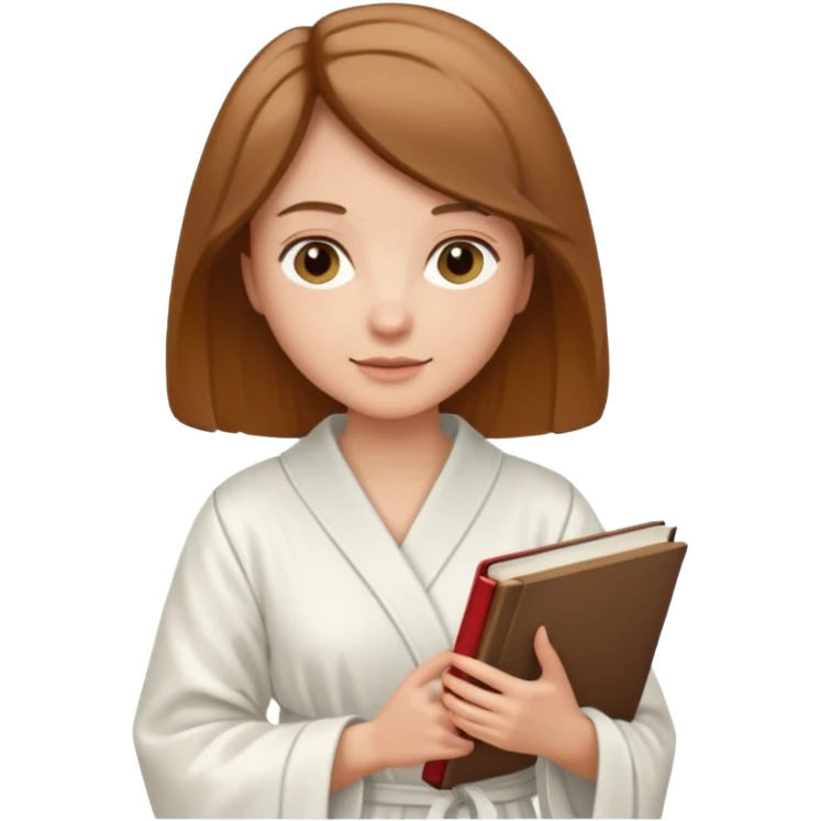 Девушка с короткими волосами до плеч русого цвета, у неё белый халат, в руках она держит книгу emoji