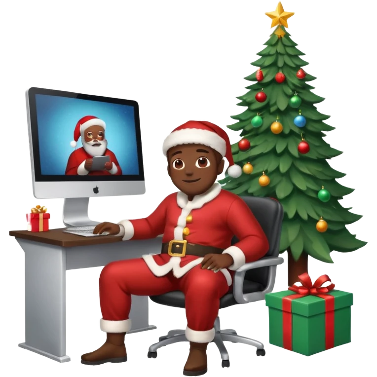 Informaticien homme noir full-body, week-end détente, assis à son bureau moderne avec ordinateur affichant du code.. À côté de lui, le Père Noël souriant, sapin illuminé et cadeaux autour. emoji