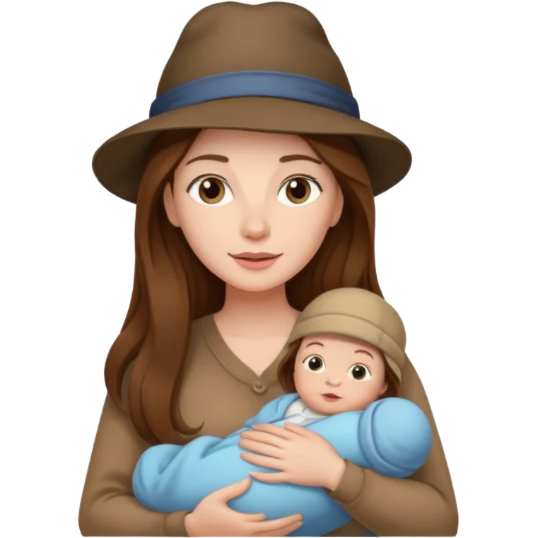 "Woman with long brown hair and fair skin holding a baby who is wearing a hat and has fair skin — only the baby is wearing the hat." emoji