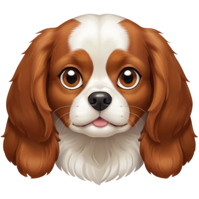 Cinematic Cute Blenheim Cavalier King Charles Spaniel Portrait Emoji, Head tilted playfully and inquisitively, silky Blenheim coat with warm chestnut and crisp white patches, round, sparkling brown eyes filled with curiosity, Simplified yet irresistibly adorable features, highly detailed, glowing with a warm, friendly glow, high shine, affectionate and lively, stylized with a touch of whimsy, bright and endearing, soft glowing outline, capturing the essence of a mischievous yet loving pup, so playful it feels like it could pounce out of the screen and into your arms! emoji