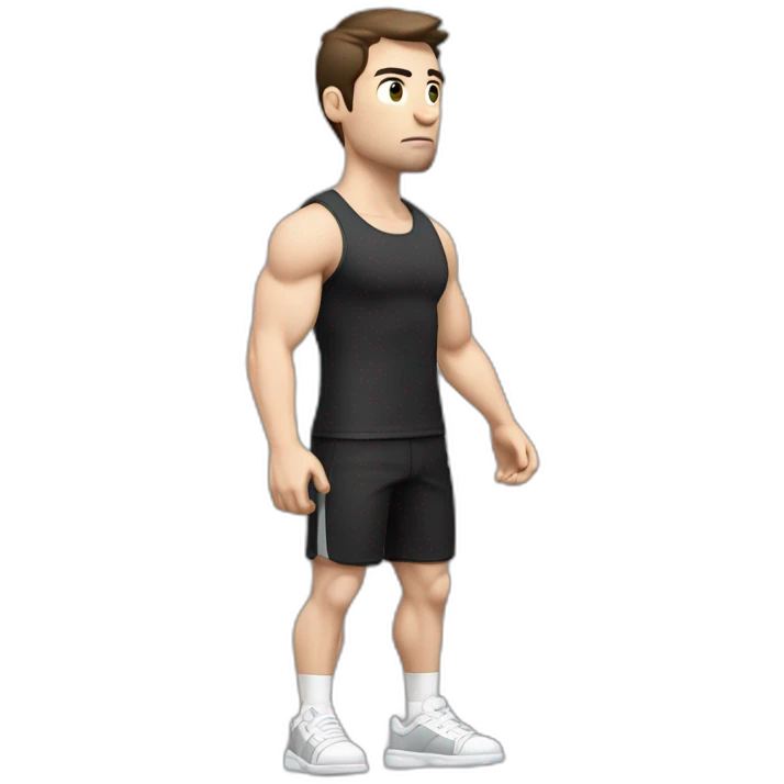 Confused Pale skinned Fit Man With the biceps and dark brown hair in black shirt, gray sports shorts and white Sneakers emoji
