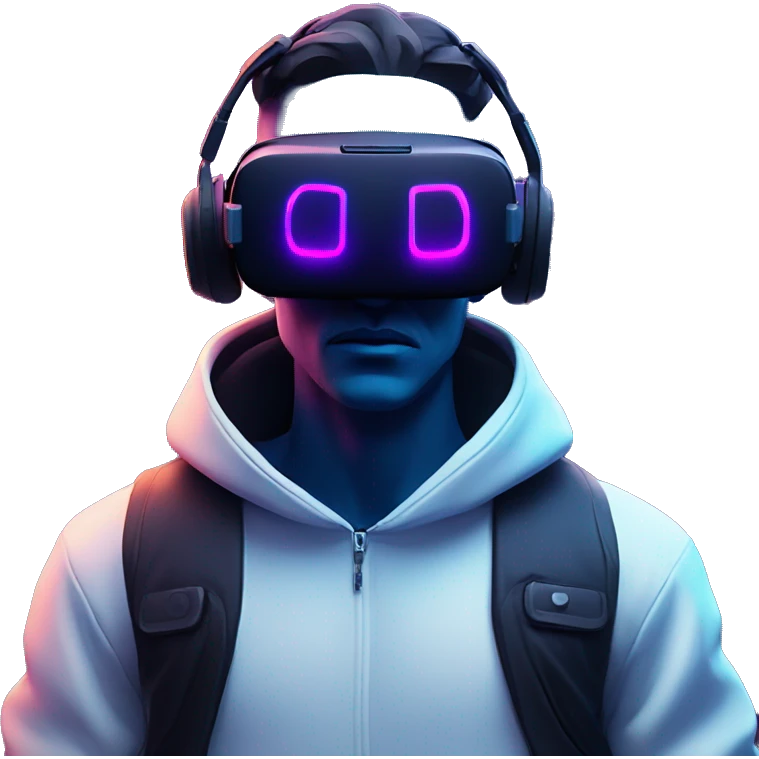 Cyberpunk style. blue neon. White skin man in the black hoody with violet OMG VR logo on it. Man in vr headset oculus quest 2 emoji