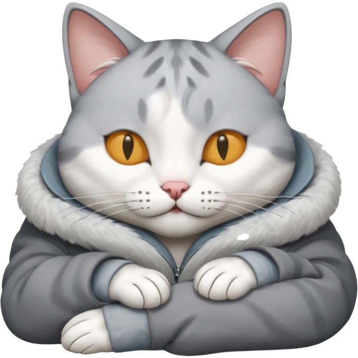 grey and white small cat with its eyes closed lying down with his head leaning on his paw emoji