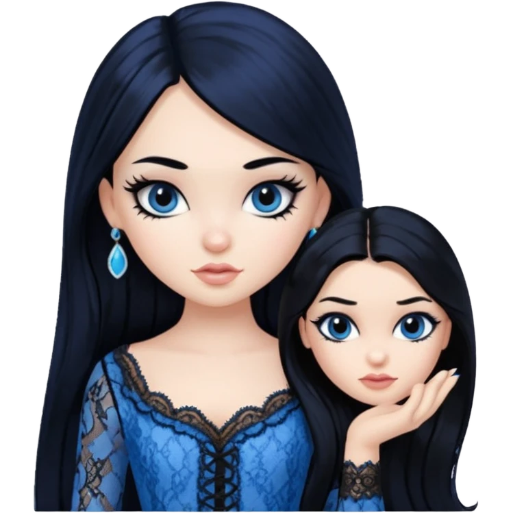 black hair, pretty, BLACK long black hair, pale skin, eyeliner, blue lace clothes, bratz baddie emoji