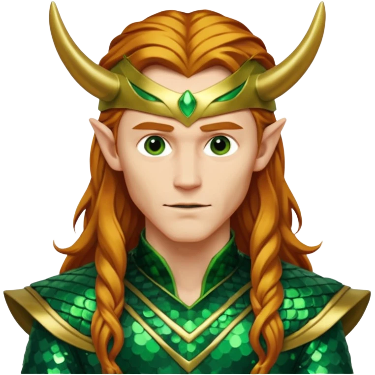 Loki, God of Mischief from Gods and Goddesses with long reddish blonde hair, green and gold sequin outfit emoji